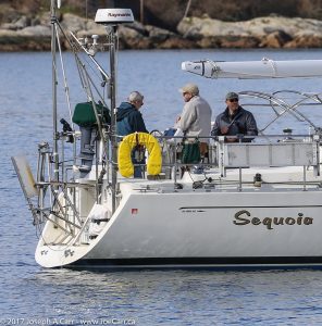 Sequoia waiting in Victoria's outer harbour with Craig, Mark and Chip aboard