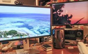 My workstation: Apple Mac Pro with Dell 27" 4k monitor, Dell 24" HD monitor & WD 4Tb portable Thunderbolt drive