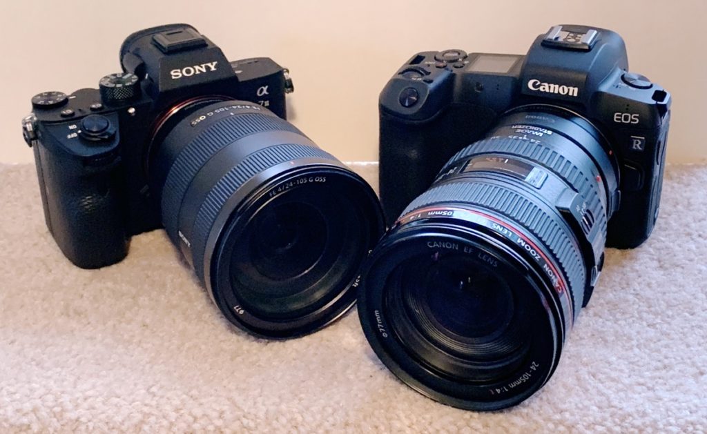 Sony a7 III and Canon EOS R mirrorless cameras, both with 24-105 zoom lenses