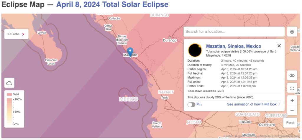 Eclipse timing for the Mazatlan, Mexico location - map