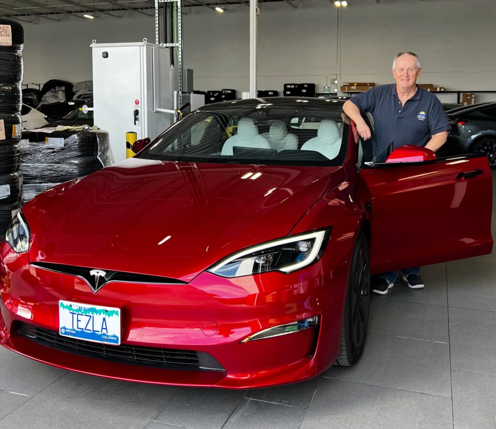 Joe taking delivery of his new 2023 Tesla Model S100 Long Range in Ultra Red