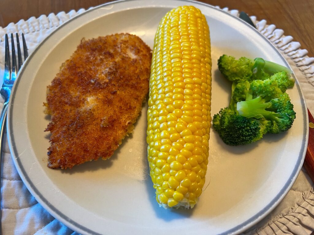 Sweet Yellow corn from Silver Rill Farm with a chicken cutlet